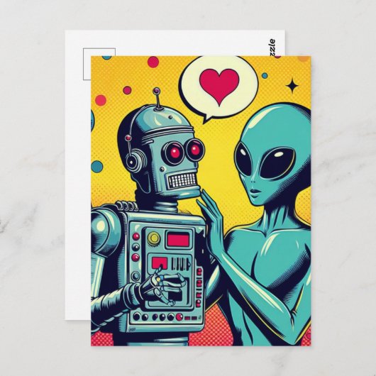 Alien und Roboter in der Liebe Postkarte (Vorne/Hinten)