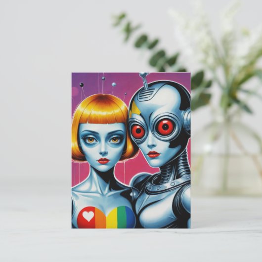 Alien und Roboter in der Liebe Regenbogen Postkarte (Stehend Vorderseite)