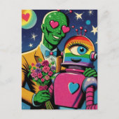 Alien und Roboter in Liebe Retro Comic Postkarte (Vorderseite)
