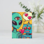 Alien und Roboter in Liebe Retro Comic Postkarte (Stehend Vorderseite)