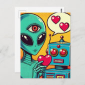 Alien und Roboter in Liebe Retro Comic Postkarte (Vorne/Hinten)