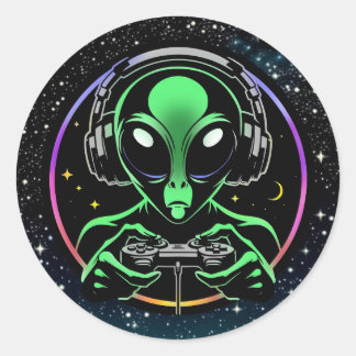 Alien Video Games mit Star Background Runder Aufkleber