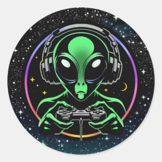 Alien Video Games mit Star Background Runder Aufkleber