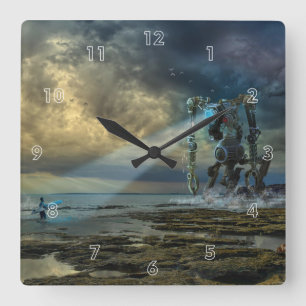 Alien Visiting Earth Meets Surfer Quadratische Wanduhr