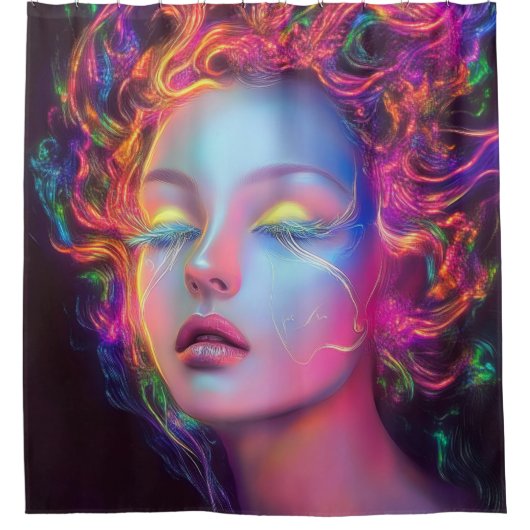 Alien Woman mit kosmischem Haar Duschvorhang (Vorderseite)