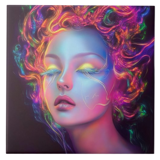 Alien Woman mit kosmischem Haar Fliese (Vorderseite)