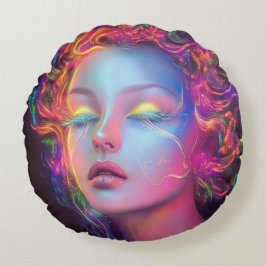 Alien Woman mit kosmischem Haar Rundes Kissen