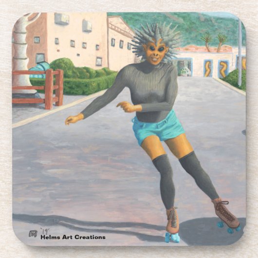 Alien Woman Roller Skater Fantasy Plastic Unterset Getränkeuntersetzer (Vorderseite)