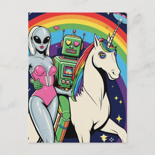 Alien Woman und Green Robot in Liebe mit Unicorn Postkarte (Vorderseite)