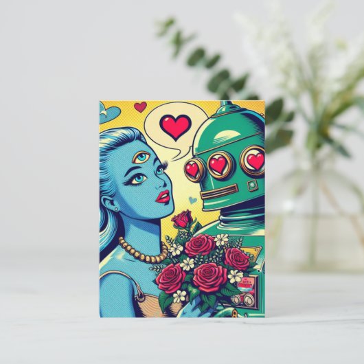 Alien Woman und Robot in Liebe Retro Comic Postkarte (Stehend Vorderseite)