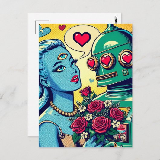 Alien Woman und Robot in Liebe Retro Comic Postkarte (Vorne/Hinten)