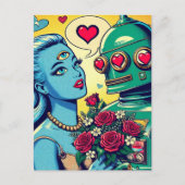 Alien Woman und Robot in Liebe Retro Comic Postkarte (Vorderseite)