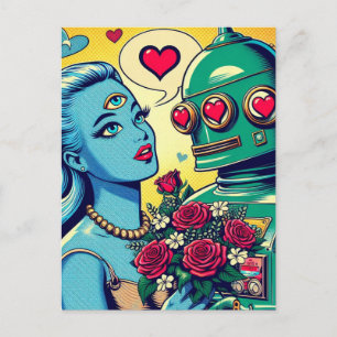 Alien Woman und Robot in Liebe Retro Comic Postkarte