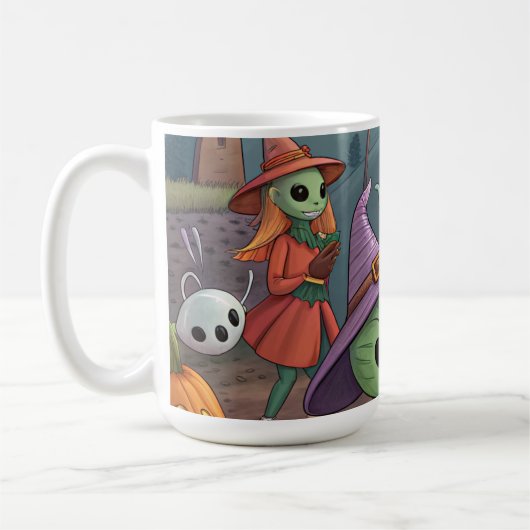 Aliens feiern Halloween auf der Erde – Kosmische K Kaffeetasse (Links)
