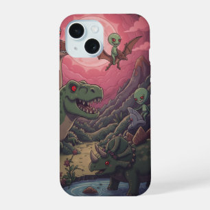 Aliens und Dinosaurier unter roten Himmel iPhone 15 Hülle