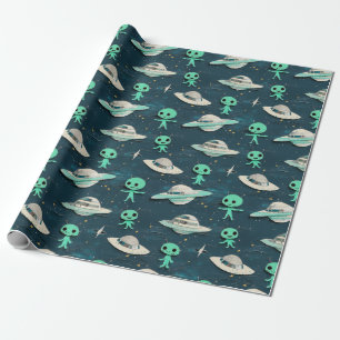 Aliens und UFOs aus Papier ausgeschnitten als Gesc Geschenkpapier