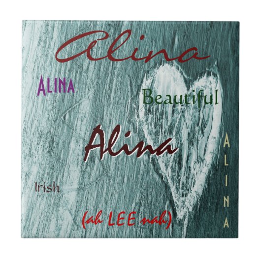 Alina Name Irish Bedeutung mit grauem Herzen Fliese (Vorderseite)