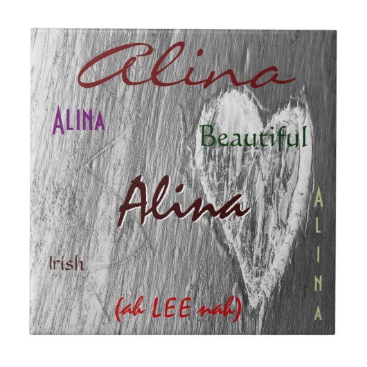 Alina Name Irish Bedeutung mit Light Gray Heart Fliese (Vorderseite)