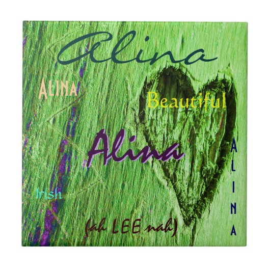 Alina Name und irische Bedeutung mit grünem Herzen Fliese (Vorderseite)