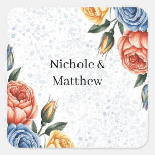 Alkohol-Tinte Aquarell Blau Orange Rosen Hochzeit Quadratischer Aufkleber