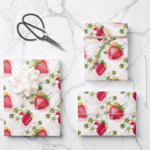 Alkohol-Tinte-Stil Erdbeeren und Blüten Geschenkpapier Set