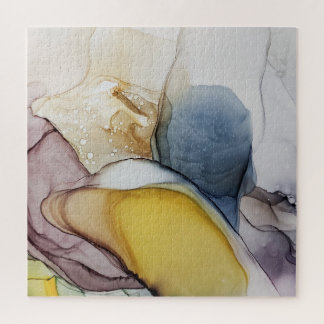 Alkoholfarbene Wirbel, gelbe Farbtöne, abstrakt. Puzzle