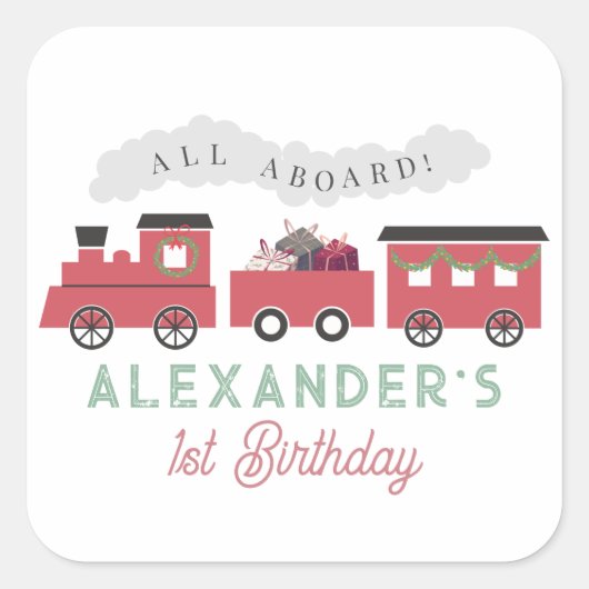 All Aboard Christmas Steam Train Birthday Quadratischer Aufkleber (Vorderseite)