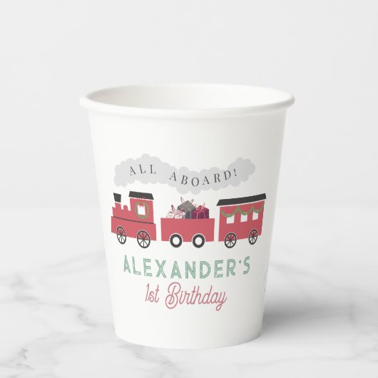 All Aboard Christmas Steam Train Kids Birthday Pappbecher (Vorderseite)