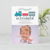 All Aboard Steam Train Blue Boy Birthday Foto Einladung (Stehend Vorderseite)