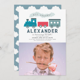 All Aboard Steam Train Blue Boy Birthday Foto Einladung