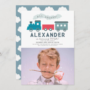 All Aboard Steam Train Blue Boy Birthday Foto Einladung