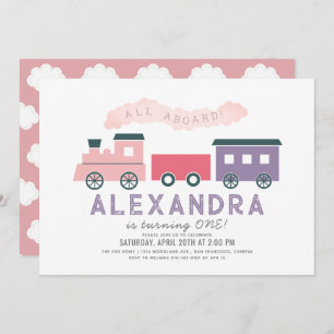 All Aboard Steam Train Pink Girl 1. Geburtstag Inv Einladung