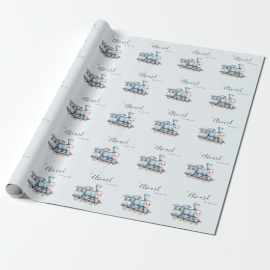 All Aboard the Baby Train Blue Boy Baby Shower Geschenkpapier (Ungerollt)