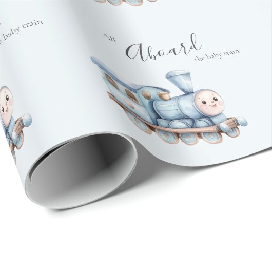 All Aboard the Baby Train Blue Boy Baby Shower Geschenkpapier (Rolleneckpunkt)