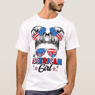 All American Funny Girl Messy Bun Patriotic 4th of T-Shirt