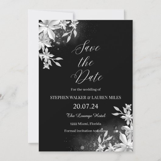 All Black Floral Save the Date Wedding Einladung (Vorderseite)