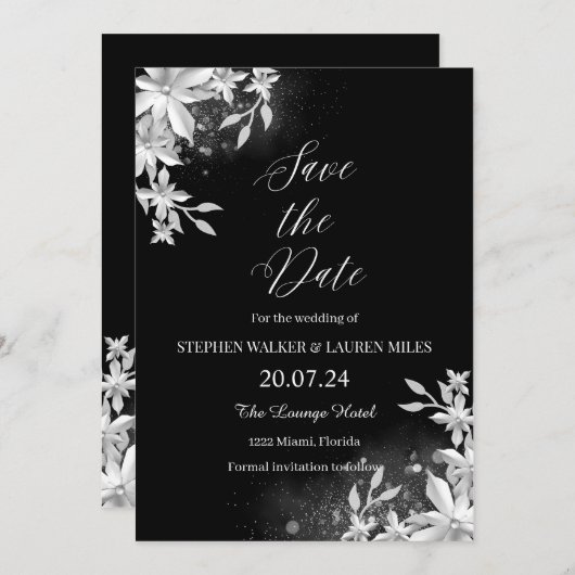 All Black Floral Save the Date Wedding Einladung (Vorne/Hinten)