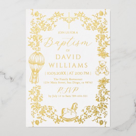 All Blue Toile Boy Baptism Elegante Folieneinladung (Vorderseite)