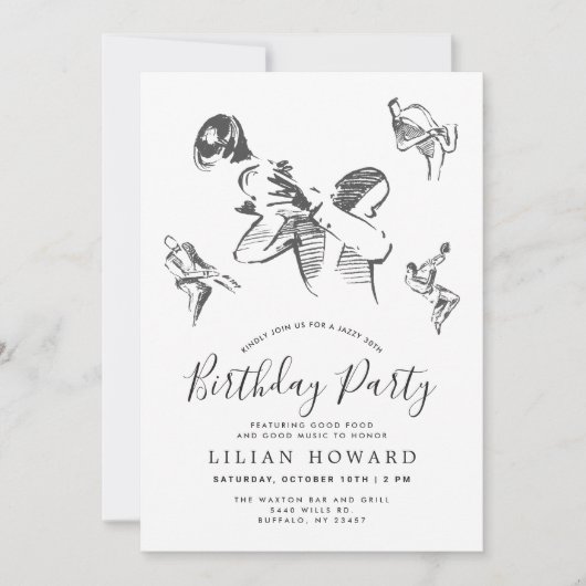 All das Jazz| Jazz Themed Birthday Party B/W Einladung (Vorderseite)
