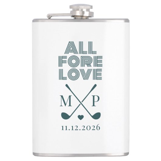 All Fore Love Monogramm | Dunkelgrün Modern  Flachmann (Vorderseite)