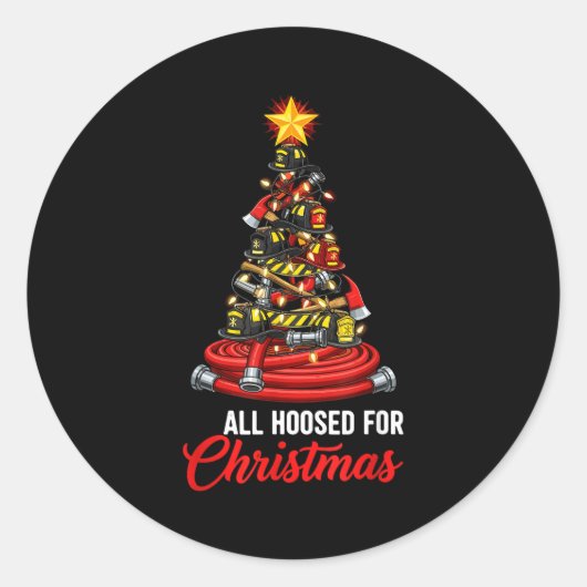 All Hoosed Christmas Firefighter Tree Shirt, Firem Runder Aufkleber (Vorderseite)