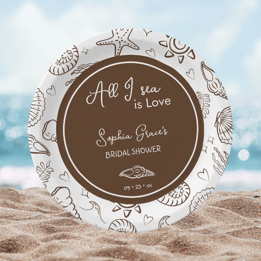 All I Sea is Love Brown Seashells Doodles Pappteller