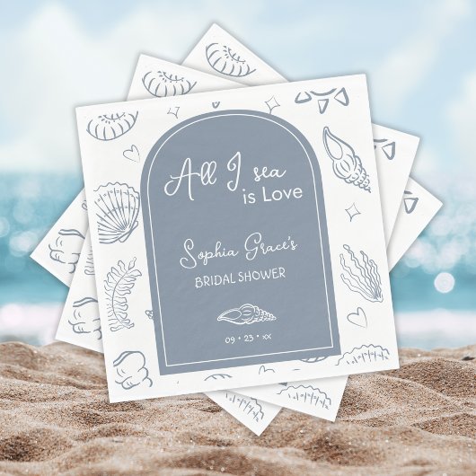 All I Sea is Love Dusty Blue Seashells Doodles  Serviette