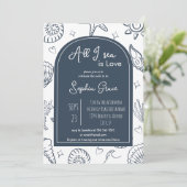 All I Sea is Love Navy Blue Seashells Doodles  Einladung (Stehend Vorderseite)