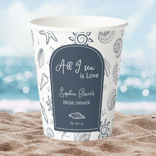 All I Sea is Love Navy Blue Seashells Doodles  Pappbecher