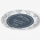 All I Sea is Love Navy Blue Seashells Doodles Pappteller (Schrägansicht)