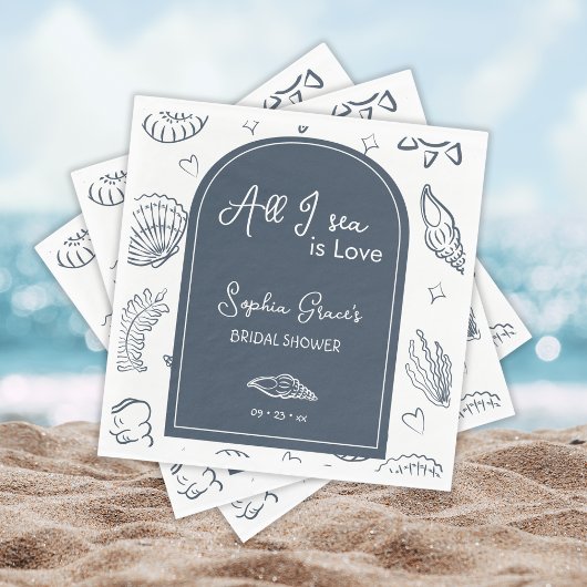 All I Sea is Love Navy Blue Seashells Doodles  Serviette