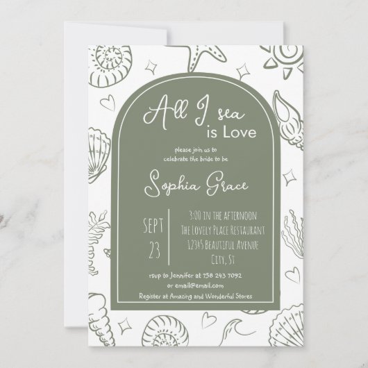 All I Sea is Love Sage Green Doodles Bridal Shower Einladung (Vorderseite)