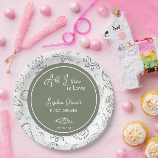All I Sea is Love Sage Green Seashells Doodles Pappteller (Party)