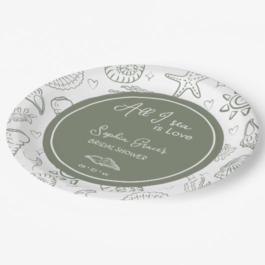 All I Sea is Love Sage Green Seashells Doodles Pappteller (Schrägansicht)